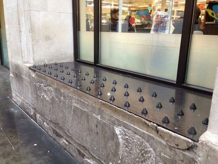 Spikes on a ledge to prevent people sleeping