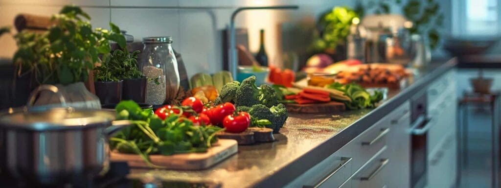 fruits and vegetables laid out on a counter.