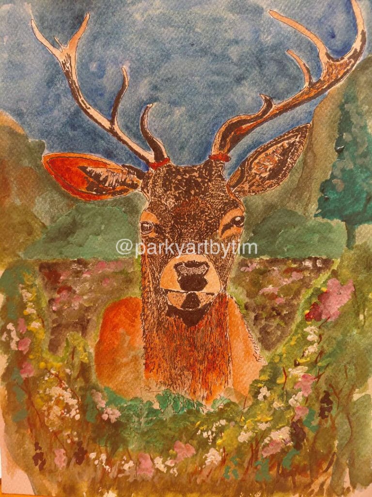A painting by Tim of a deer with antlers poking its head out amongst foliage