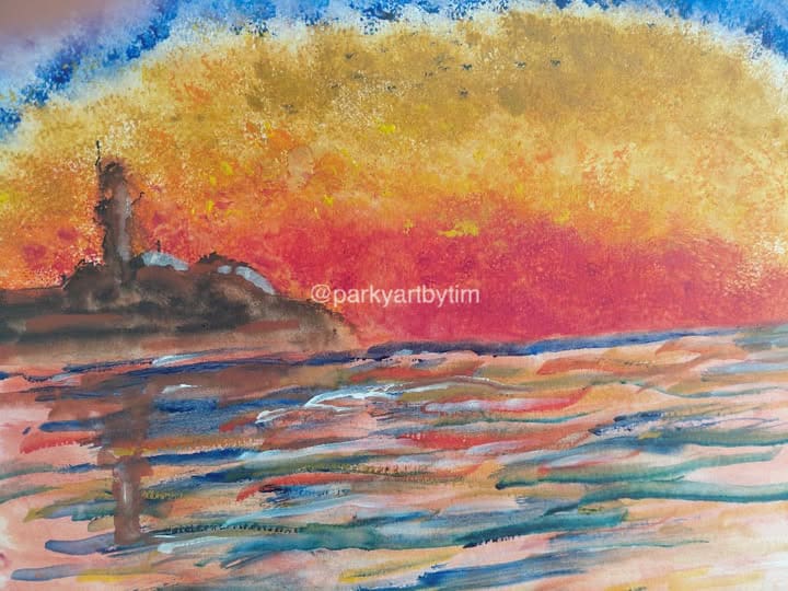 A painting by Tim of waves and a sunset