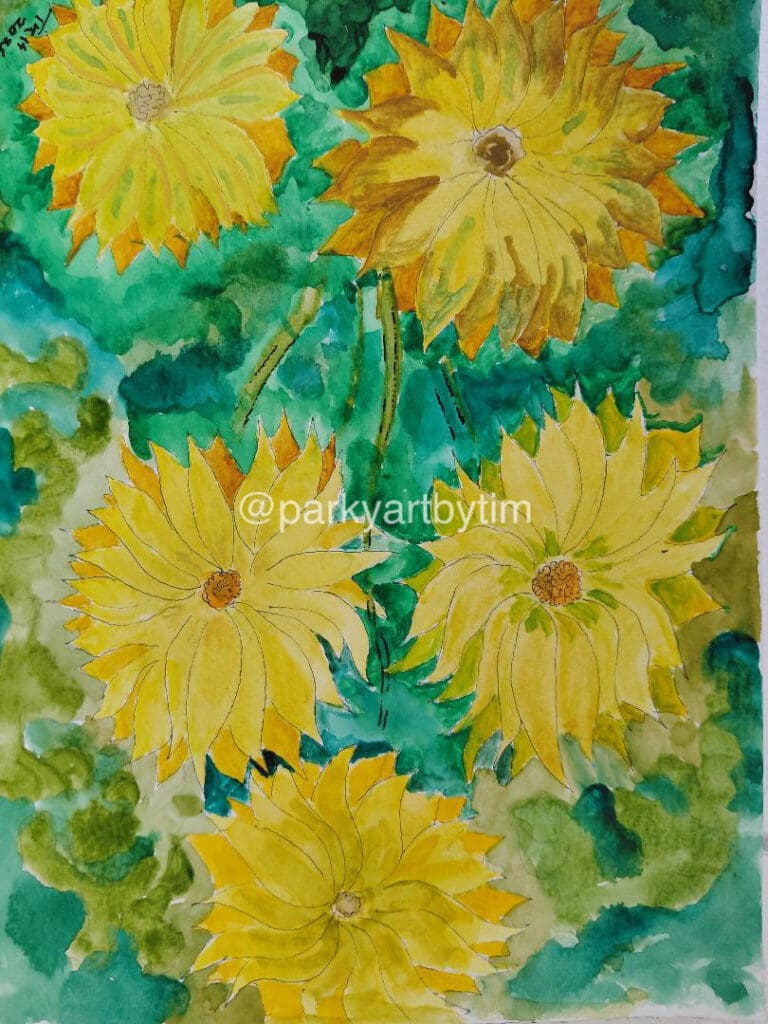 A painting by Tim of yellow flowers among green foliage