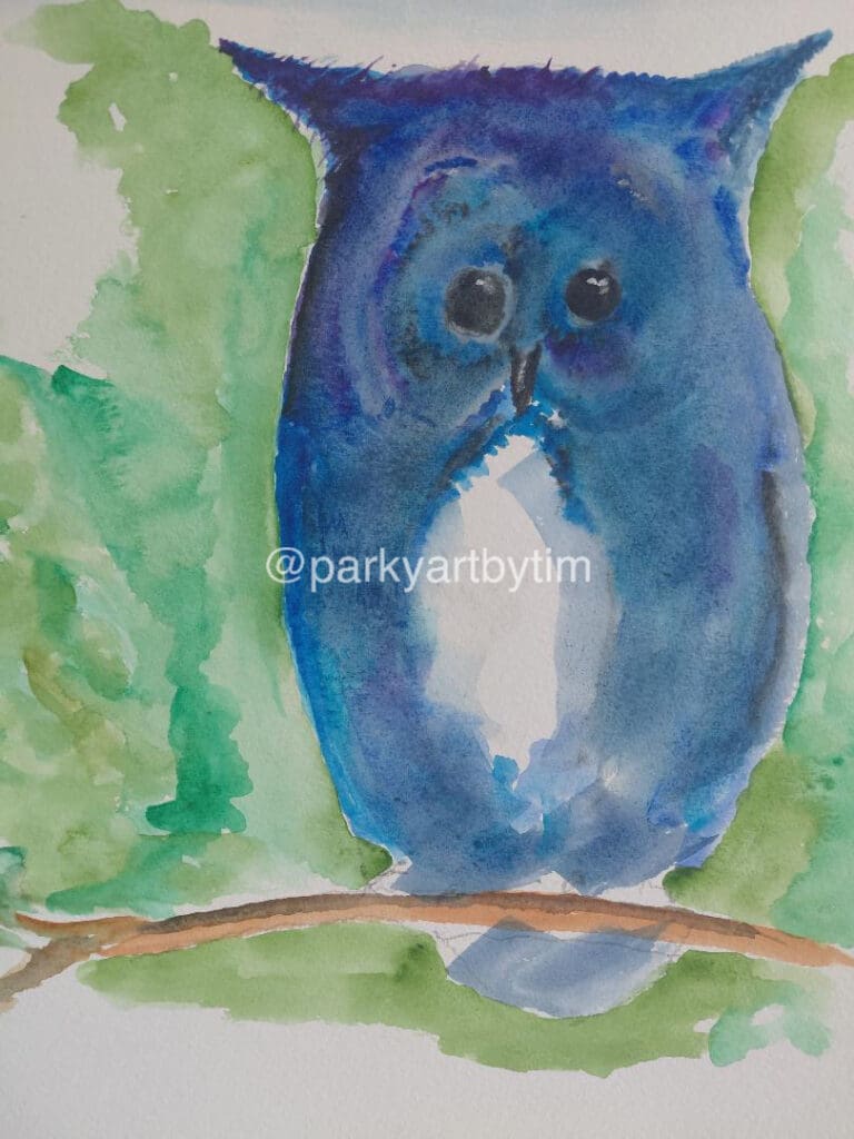 A painting by Tim of a blue owl sat on a branch in front of a green background