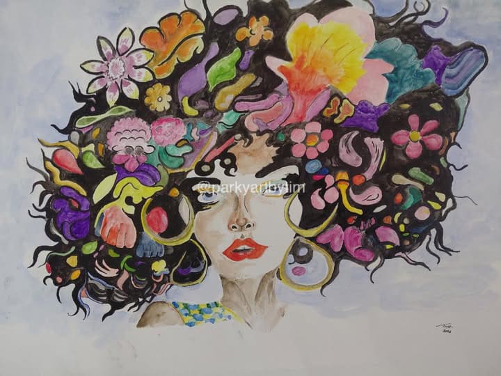 A painting by Tim of woman with curly hair and flowers