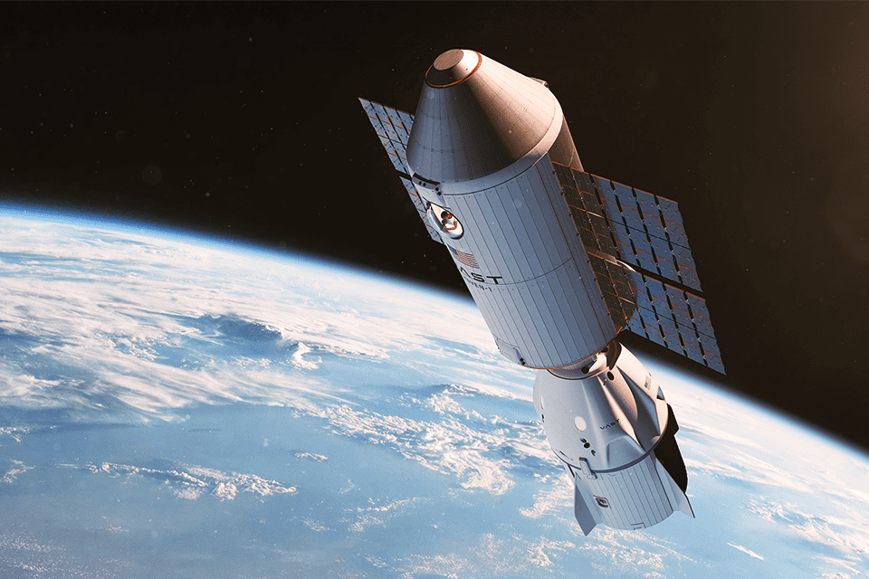 A spaceship Haven-1 hovering above Earth.